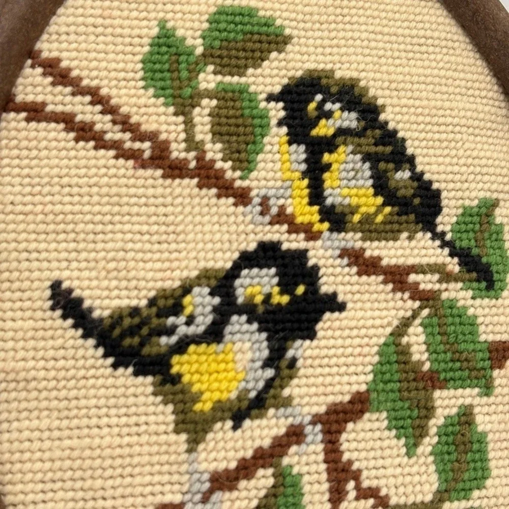 Vintage 1988 Handmade Needlepoint Bird Art Oval Frame Two Great Birds 8 x 10